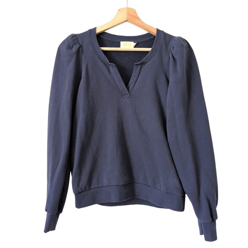 Nation LTD Asher Cutaway Sweater Navy Blue Puff Sleeve Split Neck Sweatshirt S